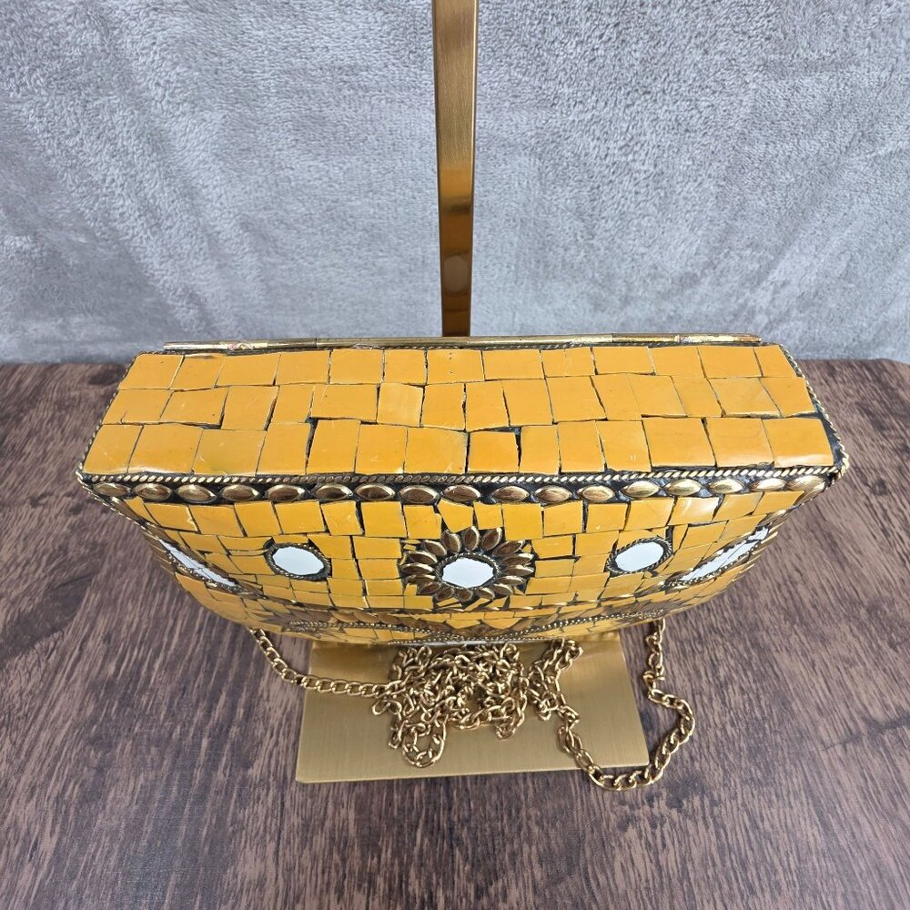 Antik Craft Metal Clutch Crossbody Honey Metallic Gold Mosaic Tile Art Chain New - Picture 3 of 15